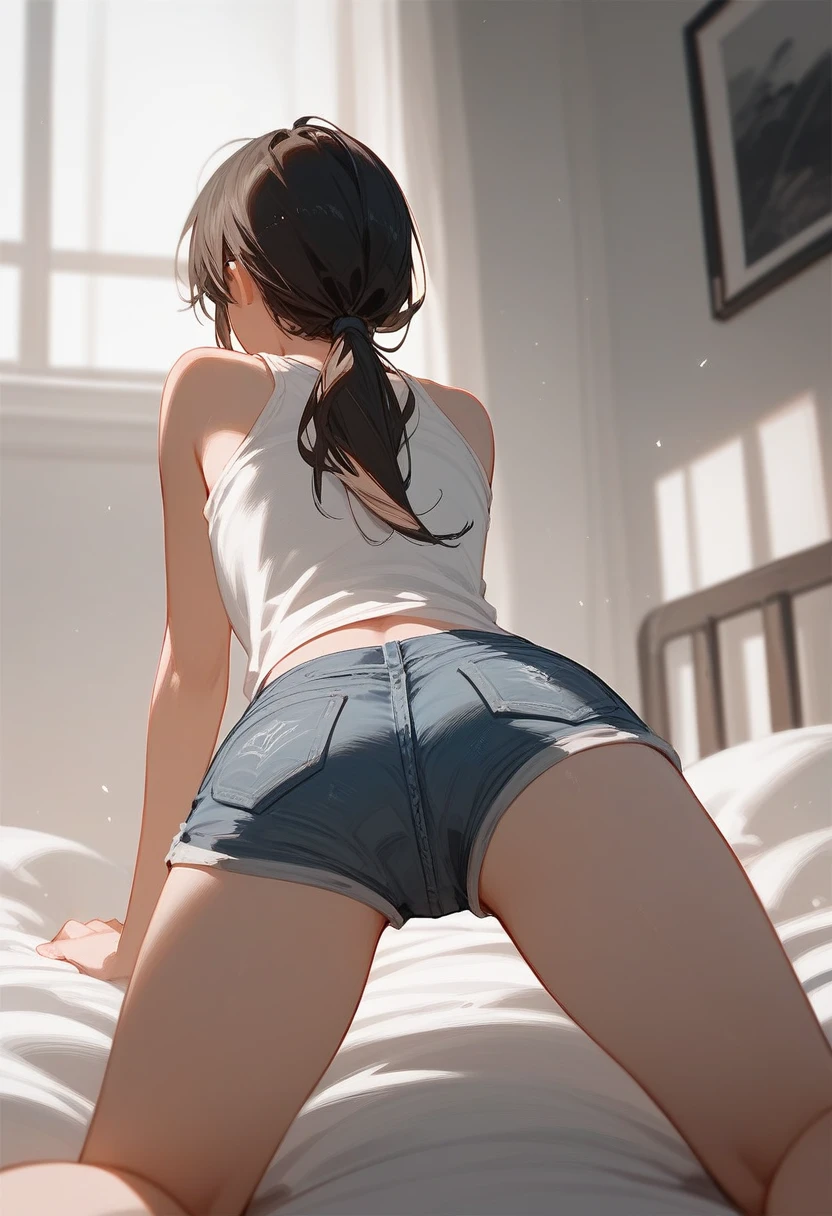 Score_9,Score_8_up,Score_7_up,highest quality,detailed,1 beautiful 18yo girl,slim,(black_low_ponytail),(long sleeved white shirt,denim shorts),(happy with me:0.6),loving me,on all fours,in bed,POV from back below