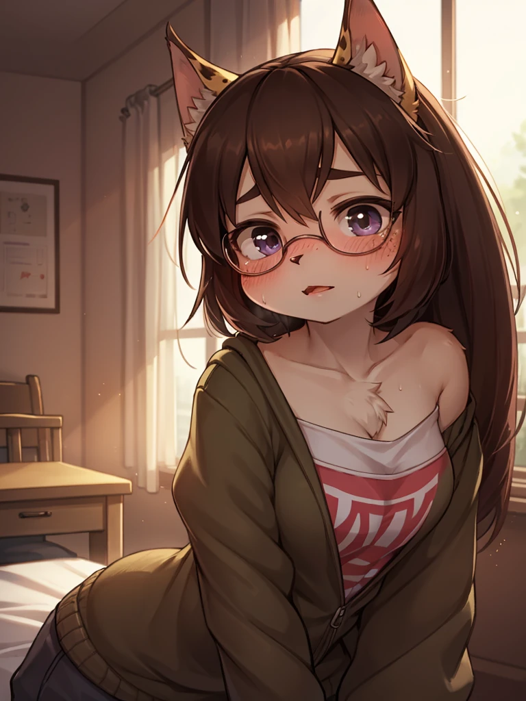 best quality,best resolution,(fluffy anthro furry :1.6),fox girl,small breasts,dark brown hair,long hair,(wavy hair),green eyes,glistering eyes,sparkle eyes,naked,glasses,heart necklace,flower hair ornaments,beautiful modern living room,stand,sweating,heavy breath,very hot,full face blush,looking at viewer,(heart expression eyes),(heart eyes),passionated face,horny scream,closed eyes,girl on top,fiercely sex,brutal sex,vaginal sex,plenty cum in pussy,plenty cum splash,plenty cum dripping,hands on face,drool