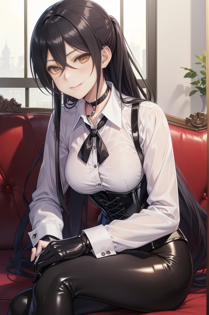 Sakuya Shirase, Sakuya Shirase first, long black ponytail hair, masterpiece, The best quality, high resolution, beautiful detailed eyes, amber yellow eyes, extremely detailed face, good lighting, Detailed CG, 1 woman, sitting on a sofa, View from the front,  blush, smug expression. show smile, shiny lips, choker:1.6, ((White collar button-down shirt with white long sleeves)), black gloves, gloves that cover the hands, (black leather corset), (Black shiny leggings), elegant dining room, mansion, night, neon lights