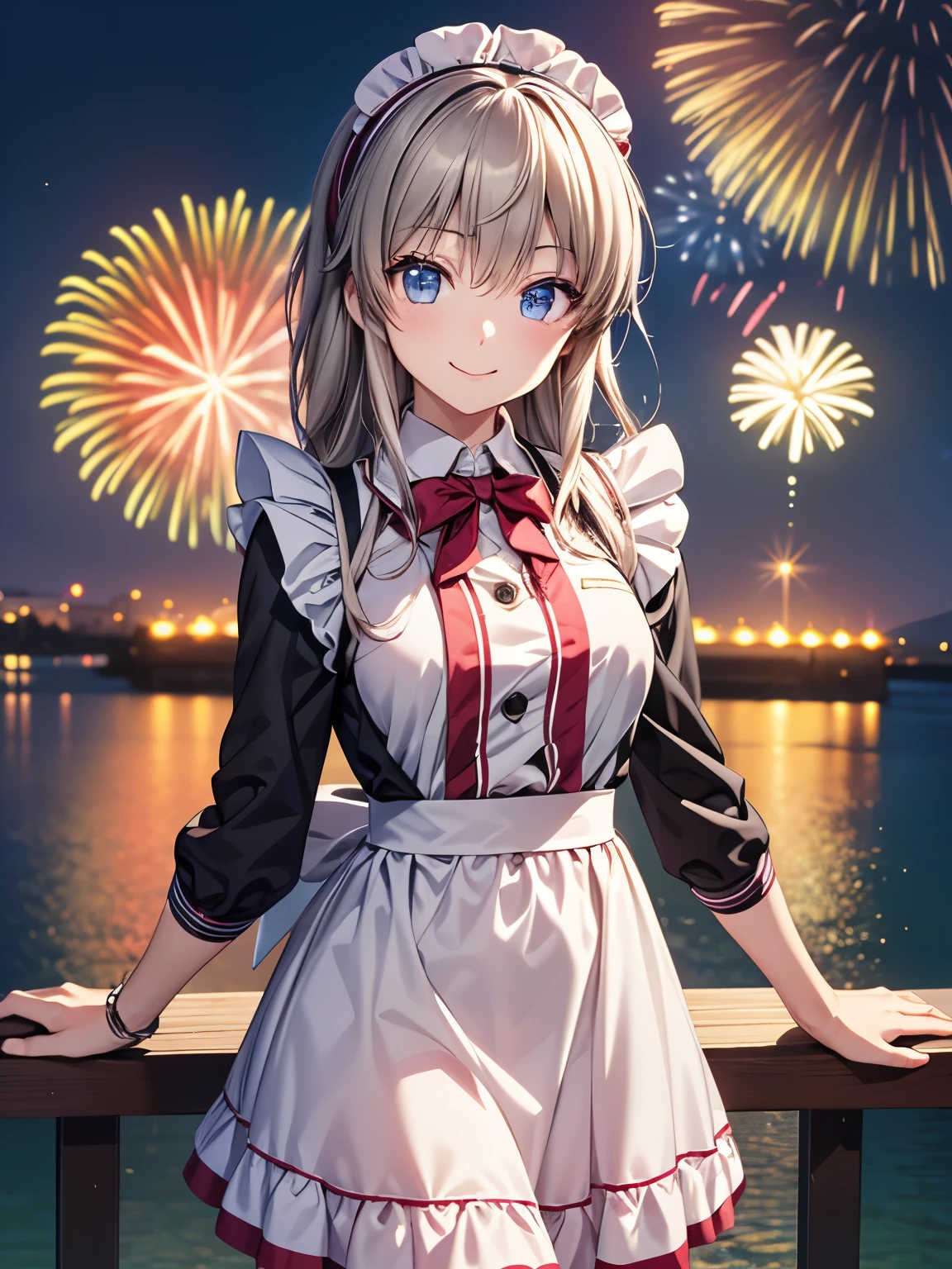 Best Quality, Very high quality,Tomori,One Girl、(Anime illustration style:1.2),Night Port、Attractive night sky、(空に沢山のfirework:1.2)、firework、(Maid uniform)、8K images、Genuine、Absolute reference to center、Closed Mouth、smile、Very fine grain、Highly detailed face、Highly detailed eyes,Cowboy Shot, (Genuine, photograph、Realistic:1.2)、