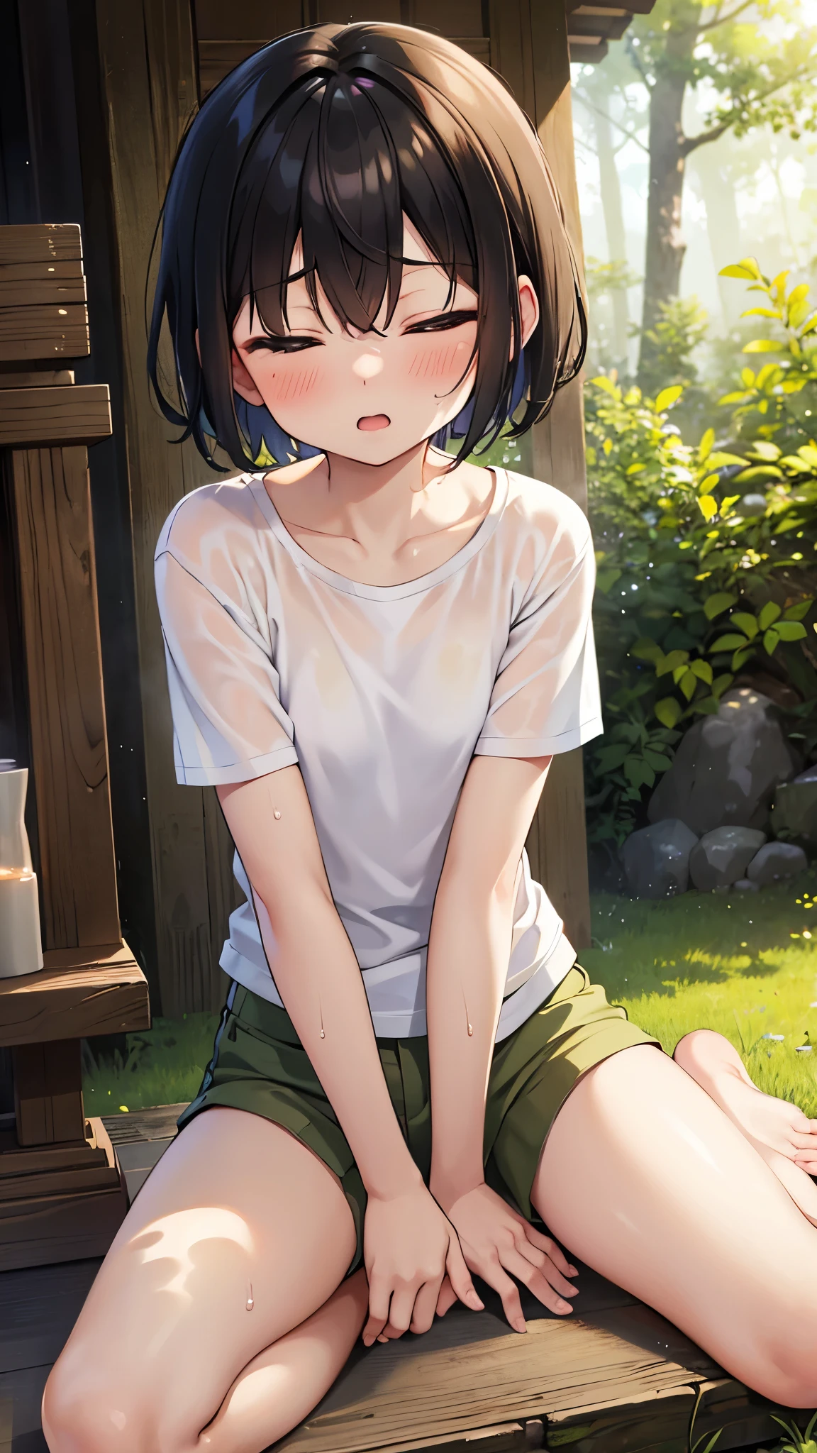 forest,Are crying,Are standing,close your eyes,1. small  ,short hair,Black Hair,blush,White T-shirt,Olive green shorts,Brown Sandals,White skin,summer,From below,shy,Sweat,Please open your mouth wide,sun,Wet,Sweatだく, Put your hands between your legs,