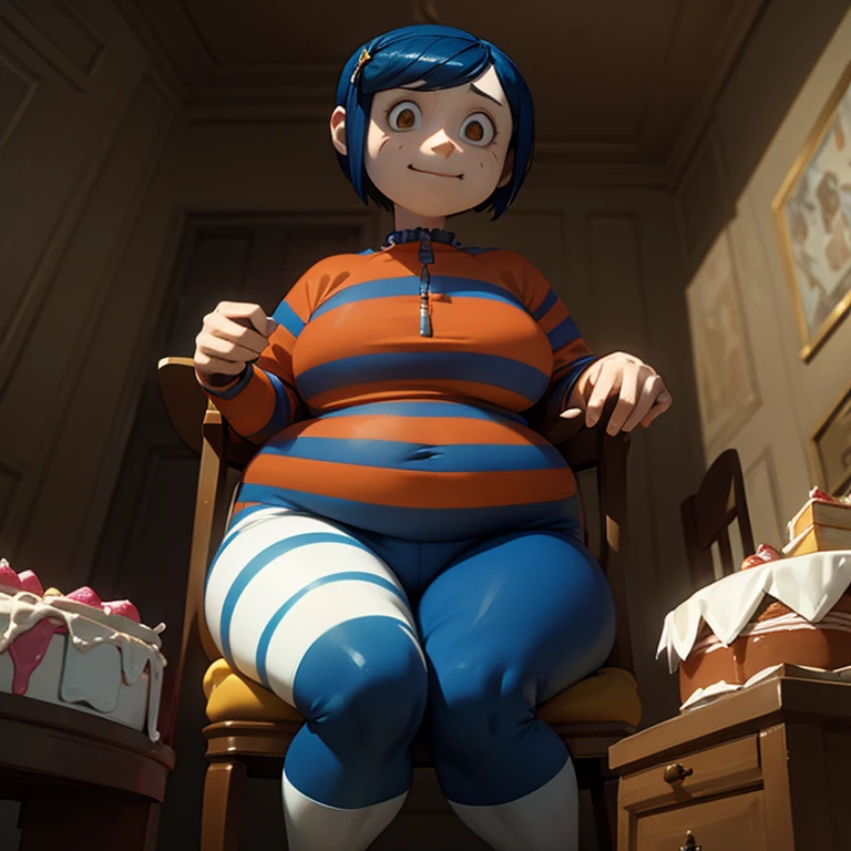 Coraline, Getting fat , Iconic clothing, Blue pants ,Blue and white striped jersey , Red socks , Clothes adapted to your fat body, Sitting on a chair, full of sweets, cakes, she happily eating , next to it in the back there is a table full of desserts 