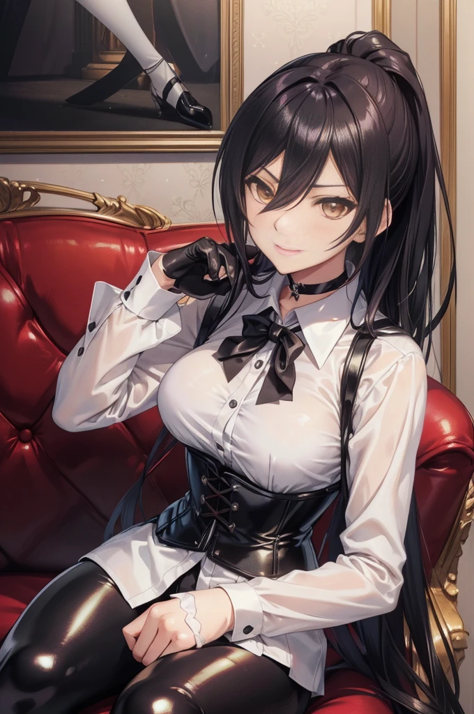 Sakuya Shirase, Sakuya Shirase first, long black ponytail hair, masterpiece, The best quality, high resolution, beautiful detailed eyes, amber yellow eyes, extremely detailed face, good lighting, Detailed CG, 1 woman, sitting on a sofa, view from above,  blush, smug expression. show smile, shiny lips, choker:1.6, ((White collar button-down shirt with white long sleeves)), black gloves, gloves that cover the hands, (black leather corset), (Black shiny leggings), elegant dining room, mansion, night, neon lights