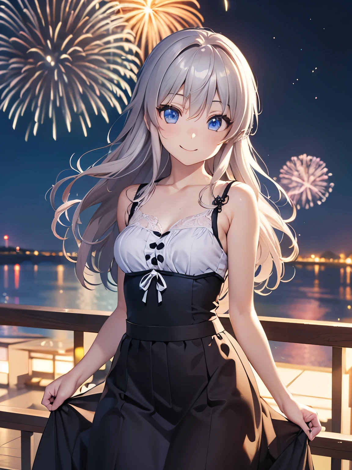 Best Quality, Very high quality,Tomori,One Girl、(Anime illustration style:1.2),night、魅力的なnight空、(空に沢山のfirework:1.2)、firework、(Dress,Long skirt:1.5)、8K images、Genuine、Absolute reference to center、Closed Mouth、smile、Very fine grain、Highly detailed face、Highly detailed eyes,Cowboy Shot, (Genuine, photograph、Realistic:1.2)、