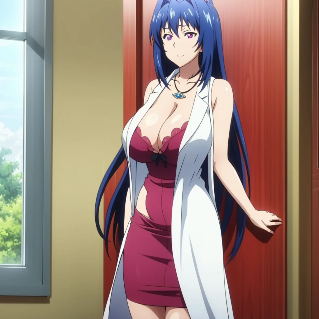 nijou aki,huge breasts,long hair,mature female,purple eyes,blue hair,wide hips
dress, cleavage, necklace, pencil skirt, labcoat,
dress, cleavage, sleeveless, necklace, pencil skirt, maken ki season 1 style 