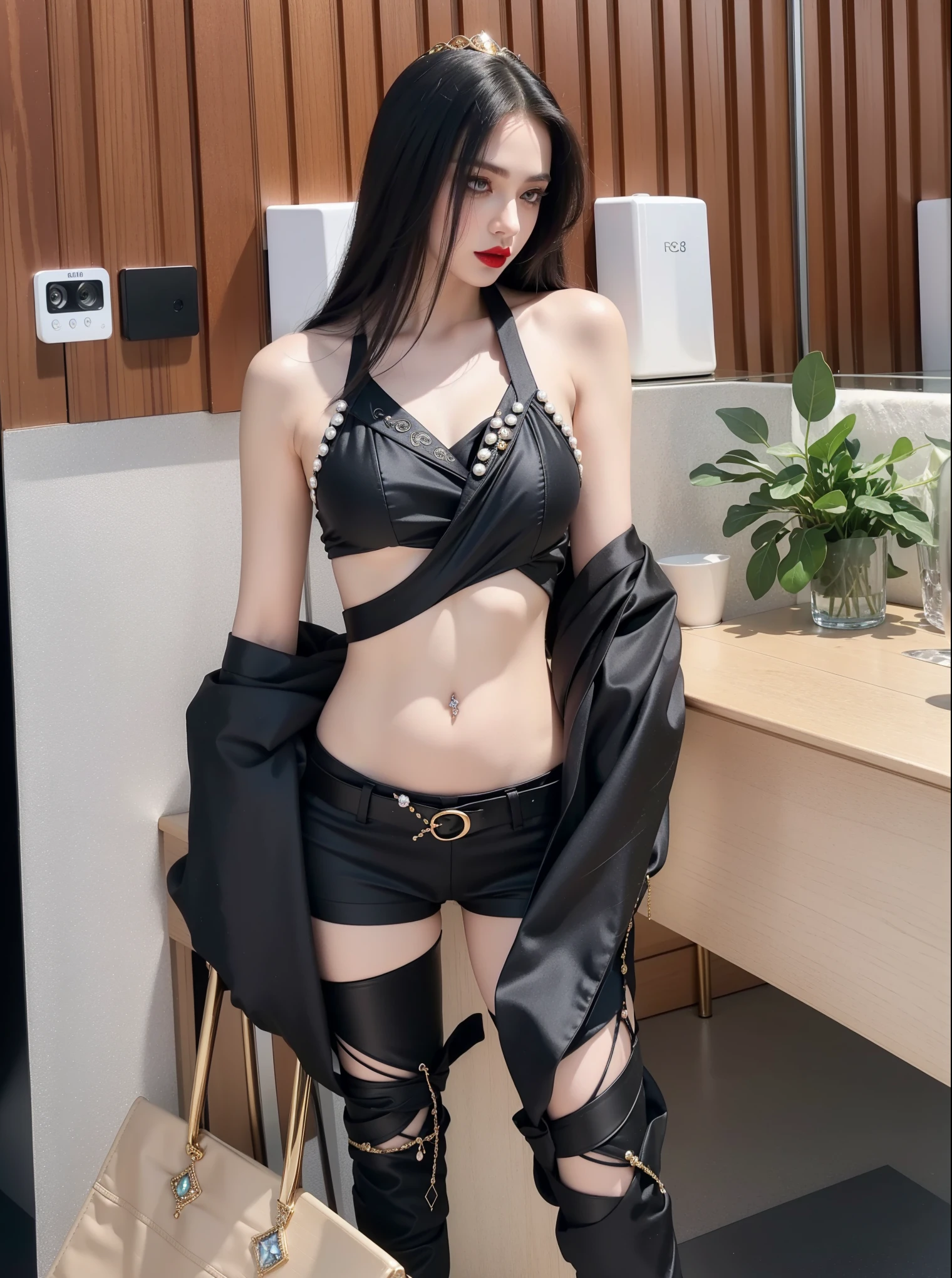 highest quality,masterpiece,Super detailed,8K, UHD,Beautiful woman,japanese woman,Expressionless,(Topless),whole body,((tattoo)),slim,(black slacks 1.2),female mafia,gangster,cyberpunk city,night,cinematic lightening,movie poster,underworld