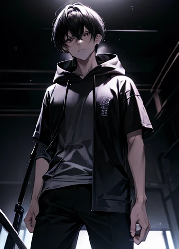 Holding a baseball bat, Alley, Condescending Gaze, builtupnecklinehoodie, look down, Glare, baseball bat, swing a baseball bat, Mouth is covered by clothes, cinematic lighting, UHD, best quality, highres, 8k