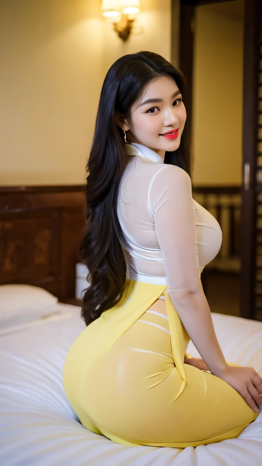 Detailed body, attractive body, perfect human body, realistic face,
(ultimate quality, masterpiece, highres:1.0), realistic:1.6, photorealistic,
[8k UHD photos, UHD high quality photos, Super detailed and super clear images],
Close-up of a Vietnamese girl two head with a detailed body, attractive body, perfect human body, realistic face,
(ultimate quality, masterpiece, highres:1.0), realistic:1.6, photorealistic,
[8k UHD photos, UHD high quality photos, Super detailed and super clear images],
Close-up of a Vietnamese girl with a beautiful face, tall and beautiful like a photo model,
, leggy, round face, big round eyes, Charming smile, Red lips, long curly eyelashes, big dimples, pointed chin, plump face, bright white skin, slim waist and long legs, wearing rings and earrings,
 Her face resembles Tuyet Linh, Tall and plump figure, wearing see-through yellow ao dai, sitting on the bed in hotel, view from side, sexy pose,
See-through yellow ao dai, clearly see the body inside,