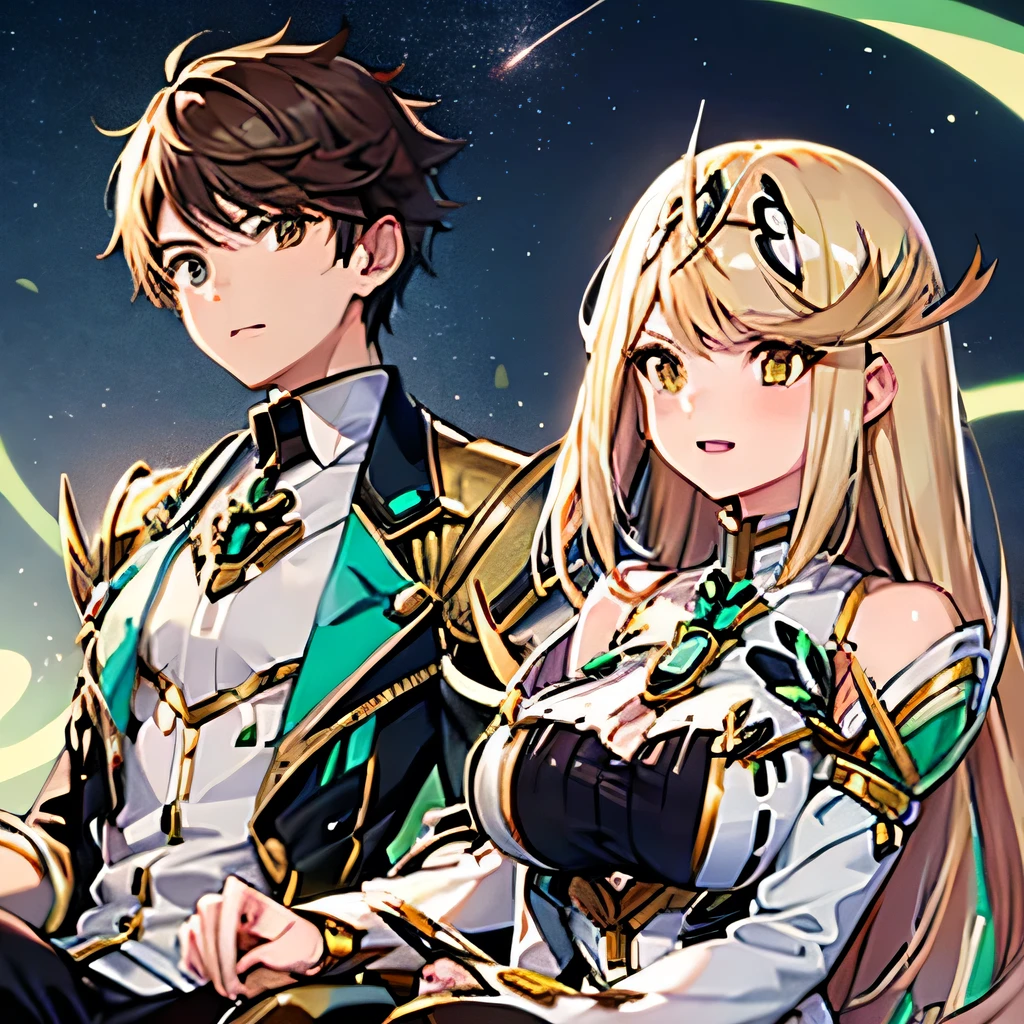 A girl with gold eyes and bright blonde hair, white blouse and shirts, green crystal on her chest, sitting next to a boy with short black hair on the lips, ojos marrones, lentes, red jacket with a night city behind them and shooting stars in the sky, kind eyes and true friendship between them, Mythra from Xenoblade Chronicles 2, one boy and one girl 