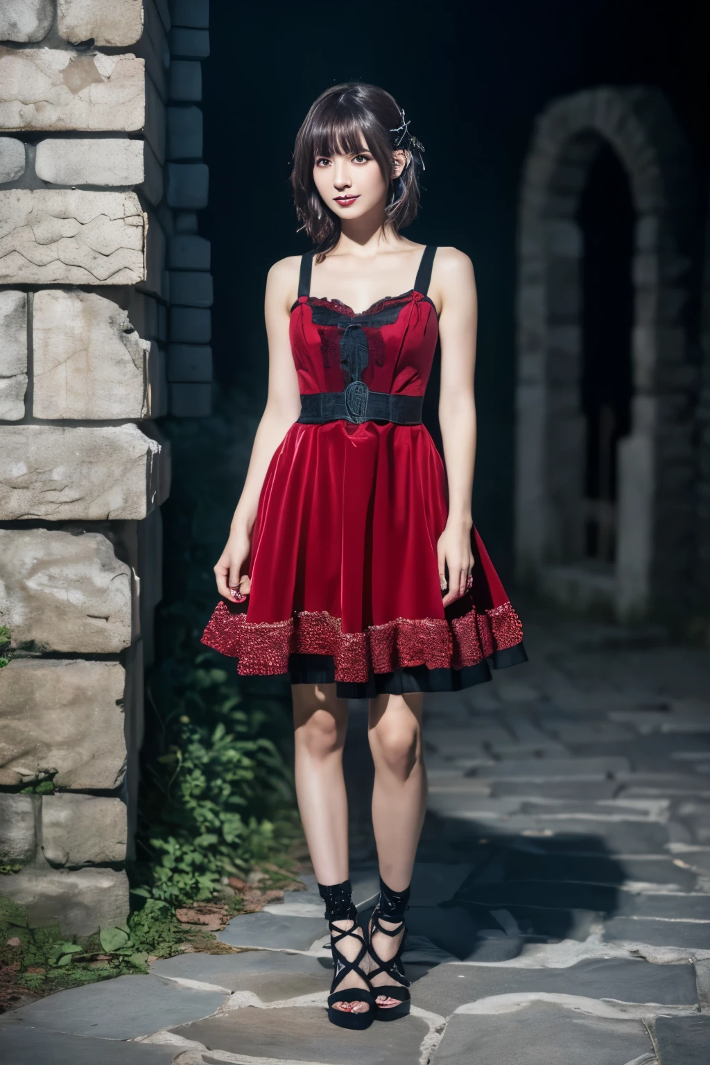 1 girl, (She is wearing a red dress:1.3), (Gothic Makeup), Portrait of an adorable Japanese symphonic metal singer, (RAW Photo Best Quality), (Realistic, Realistic:1.4), (masterpiece), 
But delicate and beautiful, Very detailed, 2k wallpaper, wonderful, finely, Very detailed CG Unity 8K wallpaper, Very detailed, High resolution, Soft light, 
Beautiful detailed girl, Very detailed目と顔, A beautiful and elegant nose, Beautiful Beautiful Eyes, Cinema Lighting, 
(彼女はnightのヨーロッパの中世の廃墟の町で用を足すためにしゃがむ:1.4), (Squat), (Stone Building, Stone Path:1.4), (night:1.4), (Girl full body silhouette:1.2), (Dark screen:1.5), (I am so lonely), 
(short hair), (Messy Hair), (Indigo Color Scheme),
Perfect Anatomy, Slender body, Small breasts