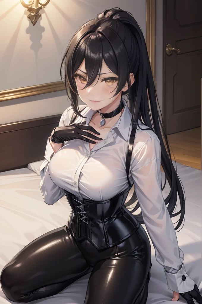 Sakuya Shirase, Sakuya Shirase first, long black ponytail hair, masterpiece, The best quality, high resolution, beautiful detailed eyes, amber yellow eyes, extremely detailed face, good lighting, Detailed CG, 1 woman, kneeling on a bed seen from the front,  blush, smug expression. show smile, shiny lips, choker:1.6, ((White collar button-down shirt with white long sleeves)), black gloves, gloves that cover the hands, (black leather corset), (Black shiny leggings), elegant dining room, mansion, night, neon lights