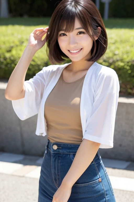 One girl, (Wearing casual clothes:1.6),(RAW Photos, Highest quality), (Realistic, photo-Realistic:1.4), masterpiece, Very delicate and beautiful, Very detailed, 2k wallpaper, wonderful, In detail, Very detailed CG unity 8k wallpaper, Super detailed, High resolution, Soft Light, Beautiful detailed girl, Very detailed eyes and face, Beautifully detailed nose, Beautiful attention to detail,Cinema Lighting,(at the park:1.8),Perfect ???????,Slender body,(smile:1.4),(Young girl:1.4),(close:1.2),(View the viewer:1.4),(Front view:2.0),Movie angle,(Wavy long hair:1.2),Are standing,(Cleavage:0.8),  