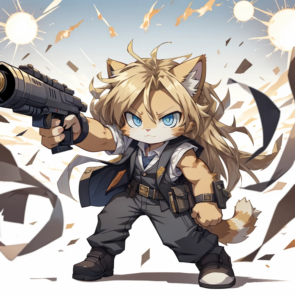 masterpiece, Best Quality, anime, figure, Alone, Dynamic pose, cat, (small:1.3), Yellow fur, blue eyes, gun, tank,soldier, Long Hair, Blonde, Disheveled Hair, 