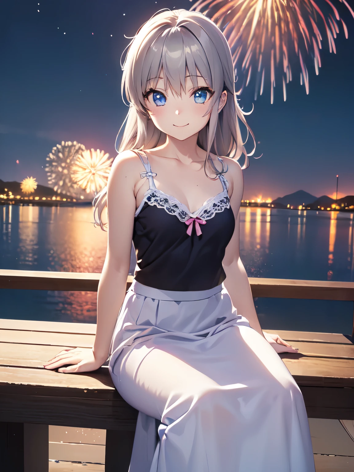 Best Quality, Very high quality,Tomori,One Girl、Sitting on a chair、(Anime illustration style),night、魅力的なnight空、(空に沢山のfirework:1.2)、firework、(in a camisole,Long skirt:1.5)、8K images、Genuine、Absolute reference to center、Closed Mouth、smile、Very fine grain、Highly detailed face、Highly detailed eyes,Cowboy Shot, (Genuine, photograph、Realistic:1.2)、