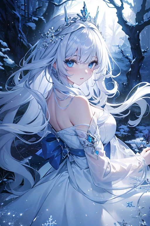 White Hair Girl, Beautiful detailed eyes, Pale skin, White hair flows, elegant pose, Fantasy Setting, Soft lighting, Mysterious atmosphere, Captivating Gaze, Delicate features, Porcelain-like skin, Long white hair cascading down her back, Intricate braids decorated with flowers, A silver crown on her head, Sparkling snowflakes are falling all around her, Snow Scene, Sparkly Blue Dress, Graceful Movement, Dreamy aura, Captivating beauty, Magical Forest, Surreal color palette, Delicate snowflakes melting with hanger tips, A frozen breath in the air, Winter paradise scenery, The magical glow that surrounds her, Calm expression, A fascinating presence, Subtle blue and silver colors, tree々Soft sunlight shining through, Her presence brings serenity and peace., Icy blue eyes that reflect the beauty of their surroundings, A dreamy, otherworldly atmosphere, Mysterious atmosphere, Artistic masterpiece, High-resolution details, Amazing portraits, Fairytale world portrait.