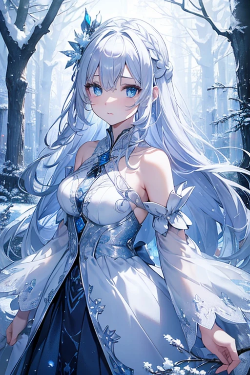 White Hair Girl, Beautiful detailed eyes, Pale skin, White hair flows, elegant pose, Fantasy Setting, Soft lighting, Mysterious atmosphere, Captivating Gaze, Delicate features, Porcelain-like skin, Long white hair cascading down her back, Intricate braids decorated with flowers, A silver crown on her head, Sparkling snowflakes are falling all around her, Snow Scene, Sparkly Blue Dress, Graceful Movement, Dreamy aura, Captivating beauty, Magical Forest, Surreal color palette, Delicate snowflakes melting with hanger tips, A frozen breath in the air, Winter paradise scenery, The magical glow that surrounds her, Calm expression, A fascinating presence, Subtle blue and silver colors, tree々Soft sunlight shining through, Her presence brings serenity and peace., Icy blue eyes that reflect the beauty of their surroundings, A dreamy, otherworldly atmosphere, Mysterious atmosphere, Artistic masterpiece, High-resolution details, Amazing portraits, Fairytale world portrait.