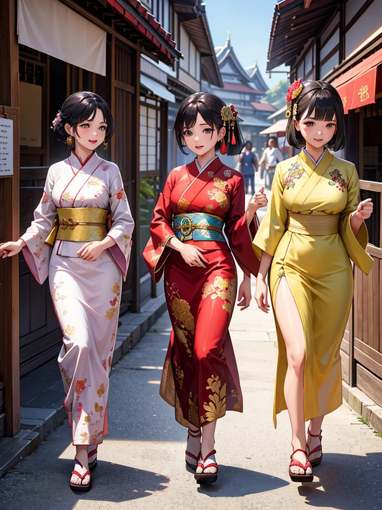 Three young women walking together, happily chatting in traditional attire. The Thai woman wears an elegant silk and gold Thai dress. The Japanese woman is in a beautiful floral-patterned kimono, and the Chinese woman is dressed in a vibrant red qipao with delicate embroidery. They stroll through an old town filled with a blend of cultural elements from Thailand, Japan, and China, surrounded by traditional architecture and vibrant street scenes that reflect the beauty of all three cultures.ความละเอียดสูง, ผลงานชิ้นเอก, ความลึกของระยะชัด, โบเก้, 