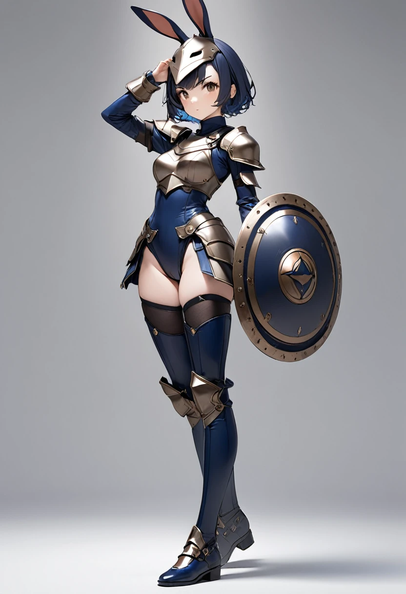 full body,masterpiece, high details, high quality, best quality, anatomically correct, masterpiece, textured skin, super detail,ultra-detailed, best quality, extremely detailed, 8k, high res, realistic, 1girl, 18yo, beautiful girl, (half closed eyes),(narrowed eyes:1.2),(open mouth), (blush:1.2),BREAK,(armor,navel exposed:1.8),blue beautiful eyes, (dark blue medium bob hair,asymmetrical parted bangs:1.6),BREAK,(voluptuous bust:1.3),(Gaunt , thin waist:1.3),white background, 