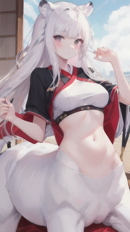 (best quality, masterpiece), 1 girl, centaur, It takes, White skin, Korean , black pink,Smiling, exposing the abdomen, , 아름다운 소녀 perfect white tiger photo, perfect white tiger photo