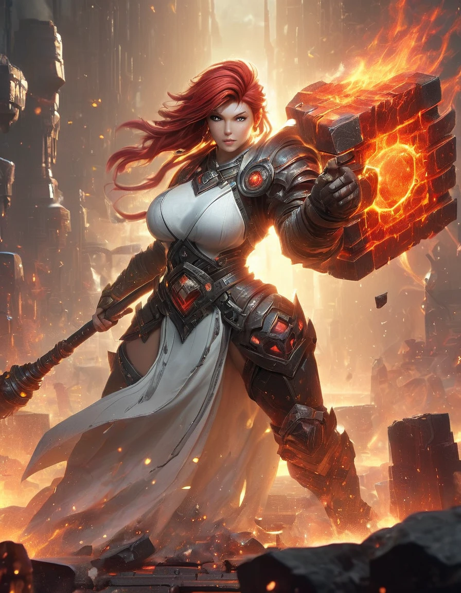 (sfw), (wide angle), 1woman, goddess of the forge, Hephaestus, ((blacksmith woman)), middle-aged woman in her 40s, slim toned physique, medium length wavy crimson hair that ombres to black, (red to black ombre hair), burn scars on chest and arms, (wearing leather apron, apron with glowing symbols), (tight black button up shirt) , (wearing skin tight white leggings), ((swings a huge smithy hammer in one hand, over her head)), smith's hammer is glowing green, she stands at an angelic anvil, (set inside a massive robotic factory:1.37), intricately detailed facial features, detailed piercing eyes, refined jawline, masterpiece, 8k, ((hyper realistic)), 3/4 profile view, cinematic lighting, dramatic shadows, warm color tones, intricate details, action poster art style, glowneon, battle hammer, Hyperrealism style 