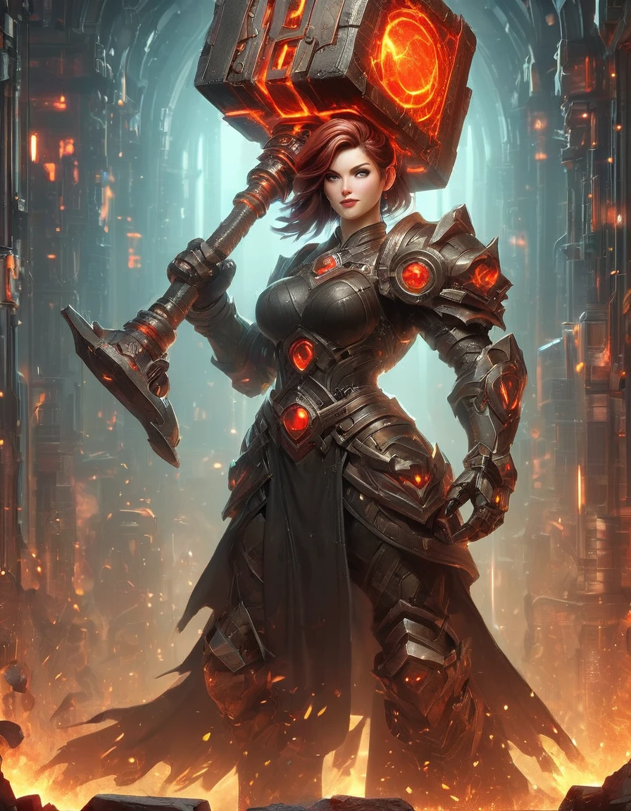 (sfw), (wide angle), 1woman, goddess of the forge, Hephaestus, ((blacksmith woman)), middle-aged woman in her 40s, slim toned physique, medium length wavy crimson hair that ombres to black, (red to black ombre hair), burn scars on chest and arms, (wearing leather apron, apron with glowing symbols), (tight black button up shirt) , (wearing skin tight white leggings), ((swings a huge smithy hammer in one hand, over her head)), smith's hammer is glowing green, she stands at an angelic anvil, (set inside a massive robotic factory:1.37), intricately detailed facial features, detailed piercing eyes, refined jawline, masterpiece, 8k, ((hyper realistic)), 3/4 profile view, cinematic lighting, dramatic shadows, warm color tones, intricate details, action poster art style, glowneon, battle hammer, Hyperrealism style 