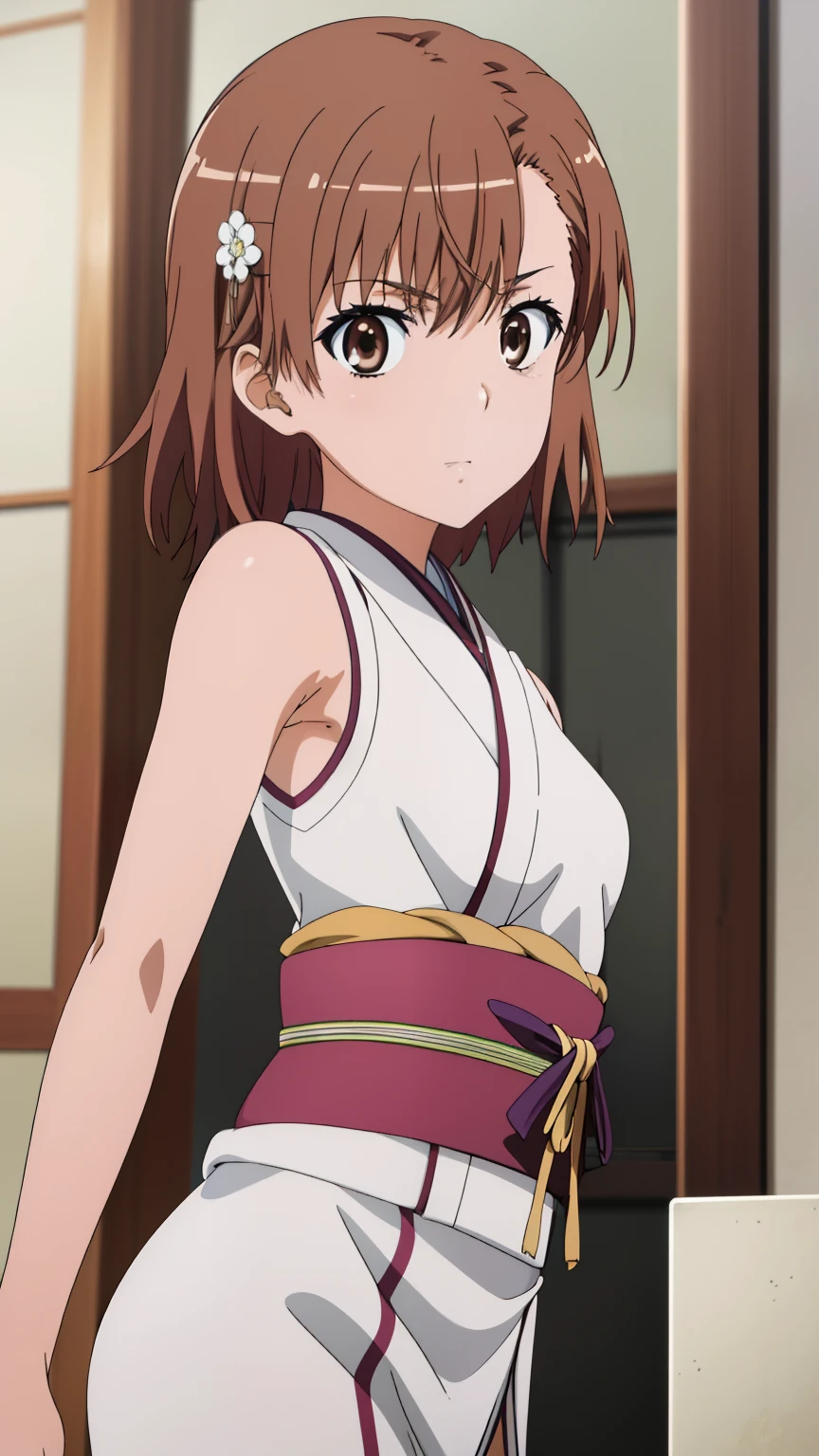 1girl in、bare shoulders​、red blush、front-facing、clavicle、stand in from of door、Smile、Gonzo、light brown hair、bangss、solofocus、hands in chest、perspiring、thighs thighs thighs thighs、、short-hair、、volume illumination、motion line、Smile、、Japanese-style room、put out the tongue、Opening Mouth