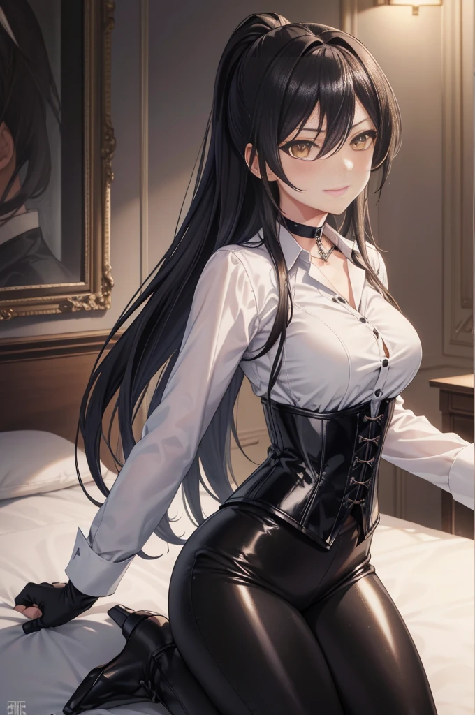 Sakuya Shirase, Sakuya Shirase first, long black ponytail hair, masterpiece, The best quality, high resolution, beautiful detailed eyes, amber yellow eyes, extremely detailed face, good lighting, Detailed CG, 1 woman, kneeling on a bed seen from behind, perfect ass,  blush, smug expression. show smile, shiny lips, choker:1.6, ((White collar button-down shirt with white long sleeves)), black gloves, gloves that cover the hands, (black leather corset), (Black shiny leggings), elegant dining room, mansion, night, neon lights