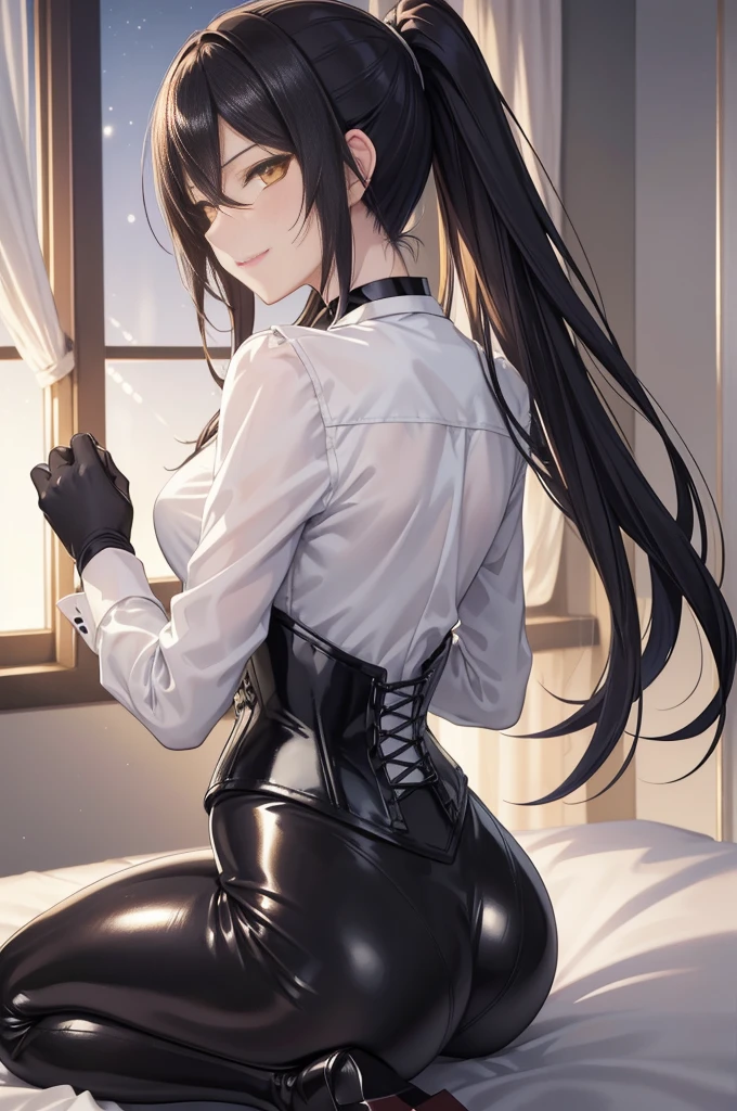 Sakuya Shirase, Sakuya Shirase first, long black ponytail hair, masterpiece, The best quality, high resolution, beautiful detailed eyes, amber yellow eyes, extremely detailed face, good lighting, Detailed CG, 1 woman, kneeling on a bed seen from behind, perfect ass,  blush, smug expression. show smile, shiny lips, choker:1.6, ((White collar button-down shirt with white long sleeves)), black gloves, gloves that cover the hands, (black leather corset), (Black shiny leggings), elegant dining room, mansion, night, neon lights