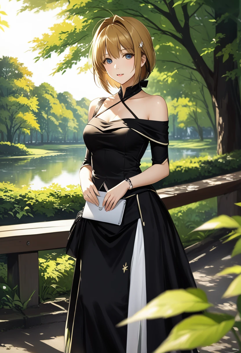 (takamori haruka:1.1), 1 girl, score_9, score_8_up, score_7_up, score_6_up, ((12k,Masterpiece)), Very detailed, clothes reflecting light ,(mature female, motherly, medium breasts:1.0),Outdoor,Park,(She's wearing a glossy, off shoulder sweater )、The dress has a simple design without any patterns, blushing,black long skirt,