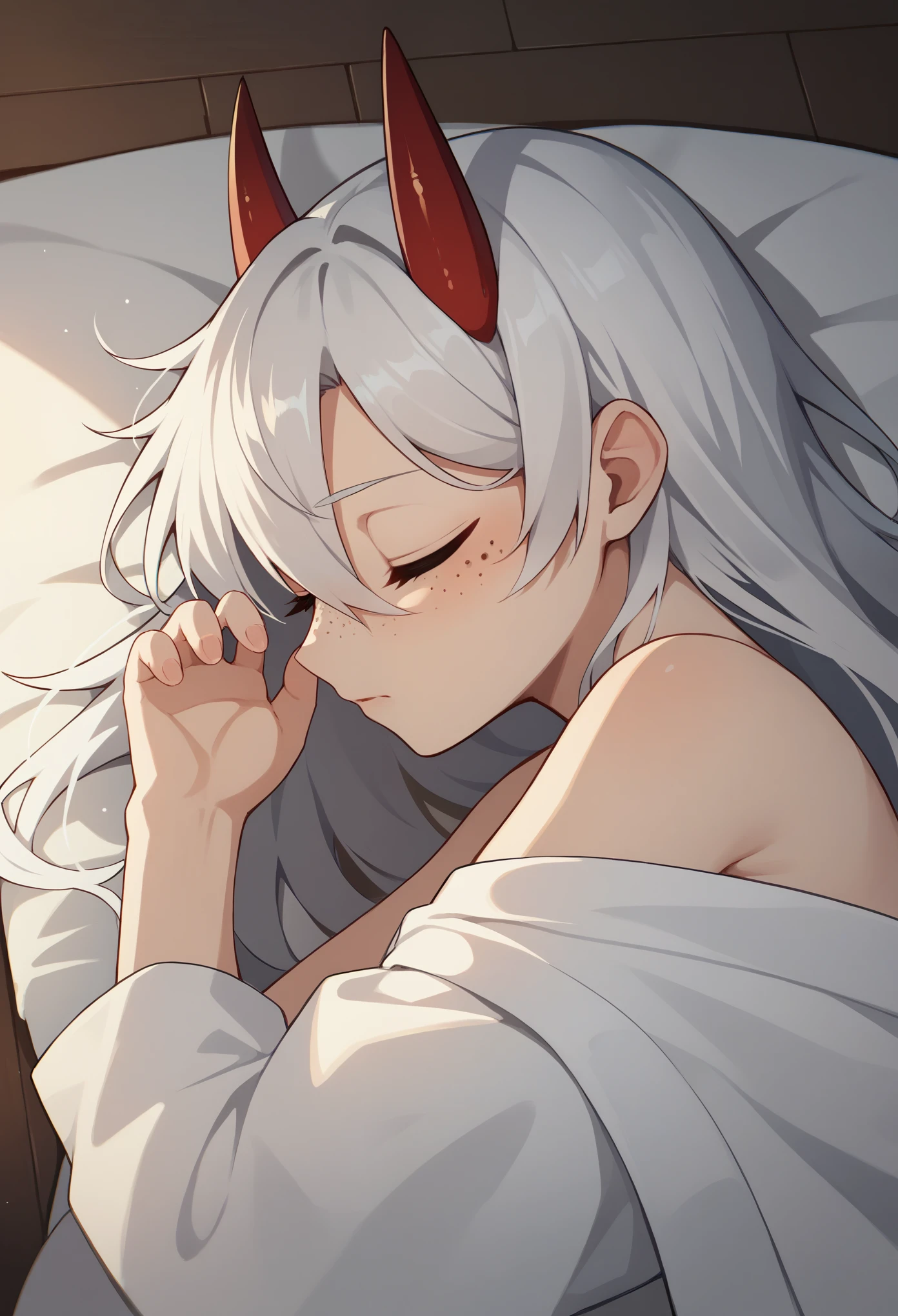 a single beautiful sexy slim girl, girl has long white hair with bangs covering her forehead, eyes are closed, with freckles on the brim of her noes, with small red horns peaking out of her hair, girl is very sleepy, girl laying on a white bed, under a white blanket, girl is on her stomach, viewed from the side, in a room with morning rays shining through,