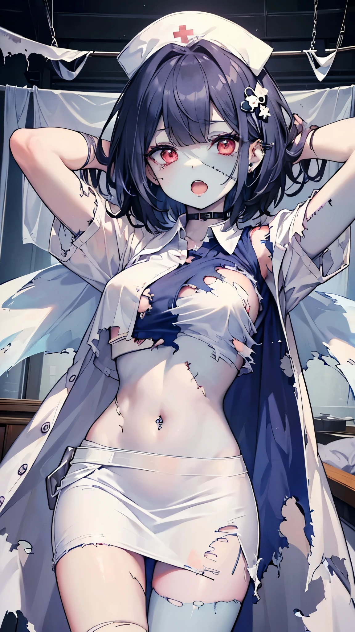 ((masterpiece、Best Quality、Very detailed))、One Girl、((Blue Skin))、Black Hair、Short Hair、blunt bangs、Red eyes、((open mouth))、((lots of piercing))、Small breasts、Show your fangs、Nurse cap、((white nurse))、((white pencilskirt))、((torn clothes:1.3))、belly button、((micro titched face))))、((patchwork skin))、Cowboy Shot、Hospital room background