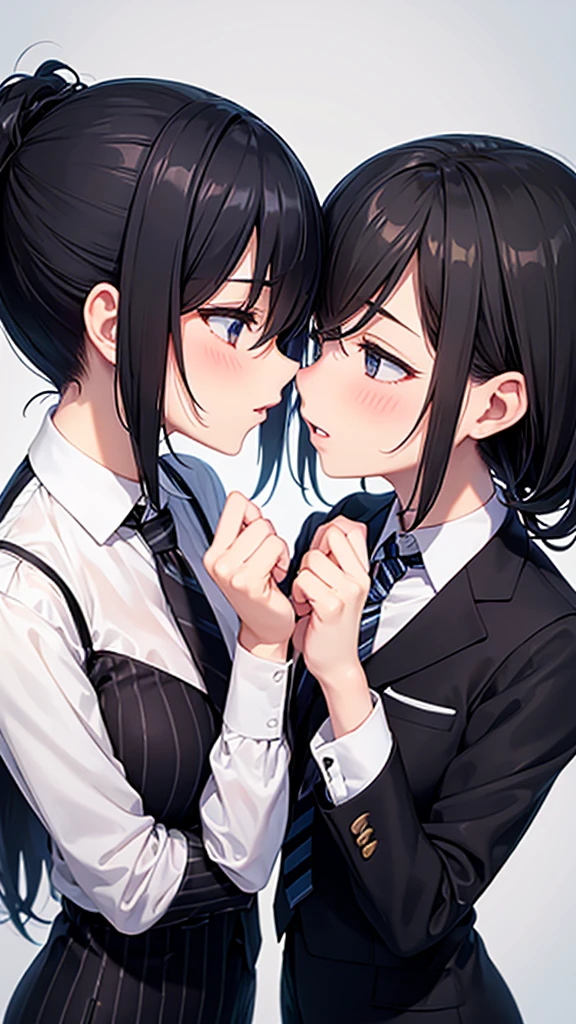 Close-up side view of beautiful woman with black hair and ponytail kissing face, one person