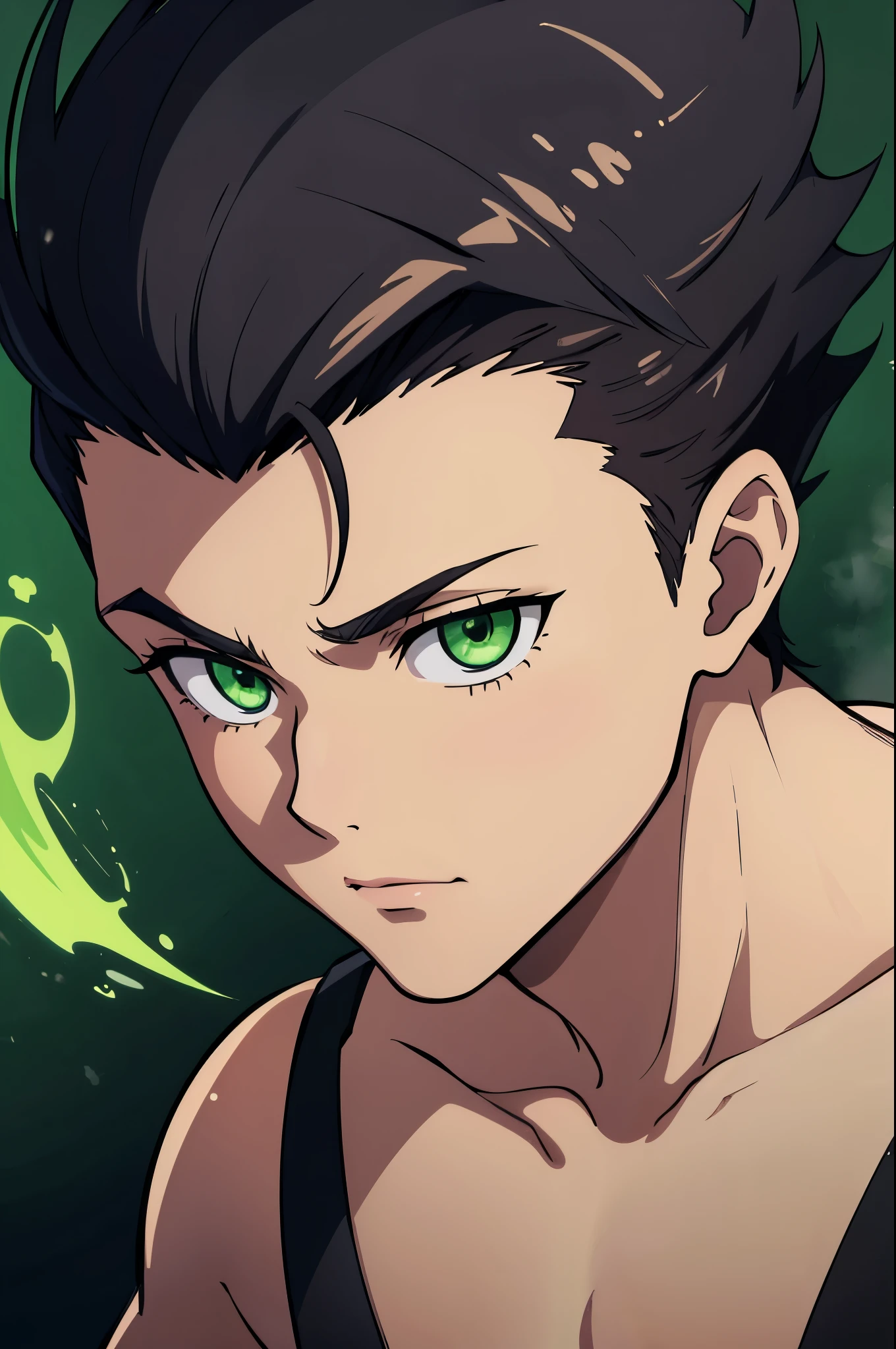 1boy, Absurd resolution, high resolution, (masterpiece: 1.4), looking at camera, black spiky hair, green eyes, glowing green aura, red rocky background, young