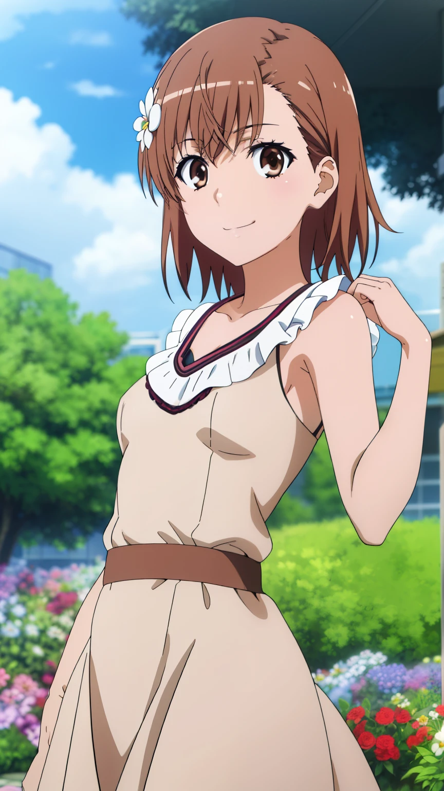 (masterpiece, best quality, high resolution, 8k:1.2), (anime coloring:1.2), highly detailed, beautiful eyes, perfect eyes, fine eyes, brown eyes, featuring big highlights, detailed face, highly detailed, fine eyes, symmetrical eyes, one girl, alone, Misaka Mikoto, brown hair, short hair, hairpin, (small breast), slim body, nffsw, (dress, frills, flower garden, smile), looking at the viewer, in the center of the image, (beautiful_chest:1.1), (beautiful_face:1.2), (beautiful_waist:1.2), (cowboy shot:1.3), dutch angle,