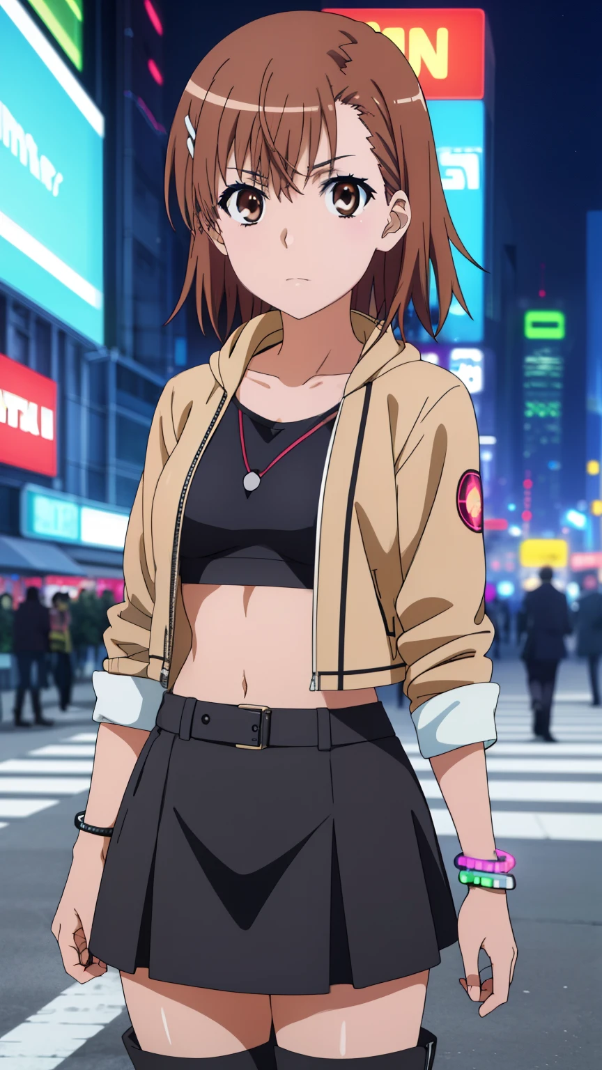 (masterpiece, best quality, high resolution, 8k:1.2), (anime coloring:1.2), highly detailed, beautiful eyes, perfect eyes, fine eyes, brown eyes, featuring big highlights, detailed face, highly detailed, fine eyes, symmetrical eyes, one girl, alone, Misaka Mikoto, brown hair, short hair, hairpin, (small breast), slim body, nffsw, ((oversized jacket, black shirt, bracelet, black skirt, boots, accessories), vibrant makeup, dazzling cyberpunk cityscapes, skyscrapers, neon signs, LED lights,), looking at the viewer, in the center of the image, (beautiful_chest:1.1), (beautiful_face:1.2), (beautiful_waist:1.2), (cowboy shot:1.3), dutch angle,