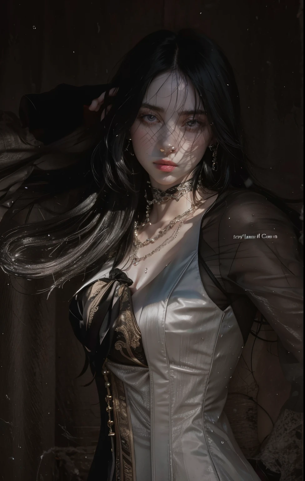 masterpiece, highest quality, RAW, analog style, A stunning portrait of a beautiful woman, morrigan, breast, wearing a mage robe, ((highly detailed skin, skin details)), sharp focus, 8k UHD, DSLR, high quality, film grain, Fujifilm XT3, polaroid, frowning, intricately details, highly detailed, cluttered and detailed background