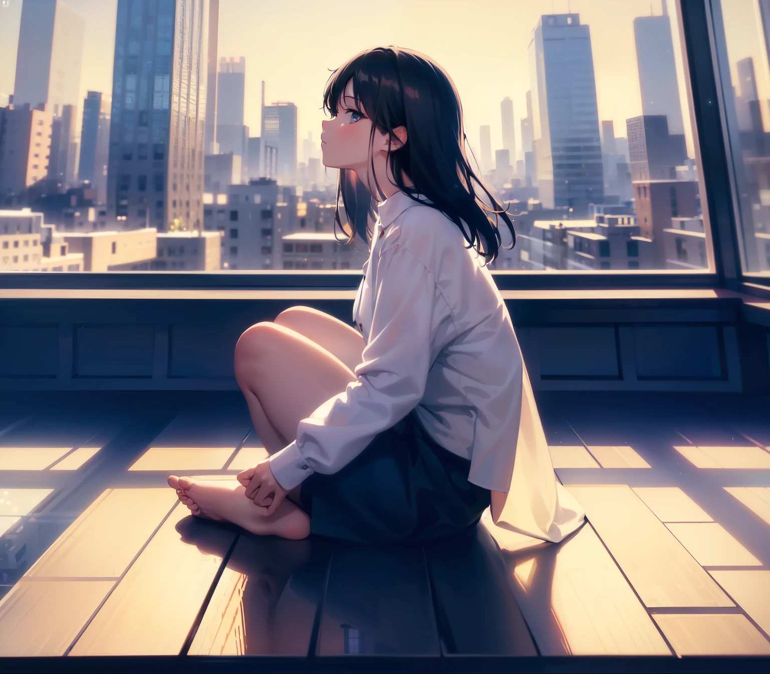 Absurd, Ultra-high resolution, (Official Art, beautifully、mysterious:1.2), Anime Art Wallpaper, 8K, An atmosphere of praise, Correct human body composition, Striking eyes, Oversized hoodie and short skirt, Shiny black hair, Larger than average bust, Girl listening to music with headphones, Looking out the window, Coffee on the desk, lo-fi girl, Makoto Shinkai and Artgelm, Anime atmosphere, Lofi Art Style, Anime Aesthetics, Lo-fi feel, City Room, Teenage Girl's Room, A room for music lovers, city view from the window, Impressive cityscape, Bright Sky