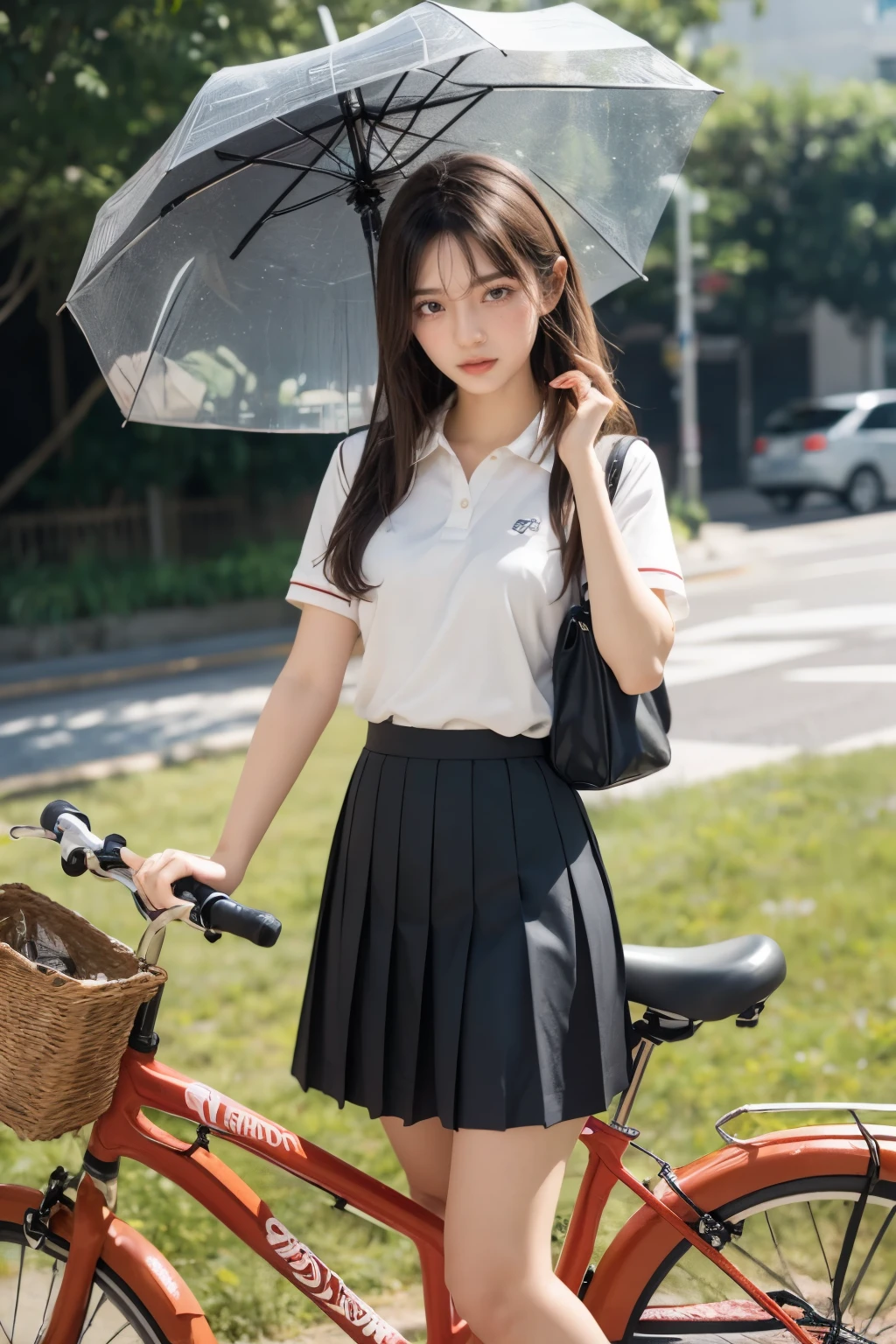 heavy rain, soaked, umbrella, long hair, looking at viewer, smile, bangs, a girl, skirt, brown hair, shirt, black hair, short sleeves, brown eyes,  long hair, standing, white polo shirt, pleated skirt, open clothes, shoes, socks, striped, collared shirt, hand up, bag, kneehighs, brown footwear, flying sweatdrops, loafers, school bag,  (ride on bicycle :1.3)