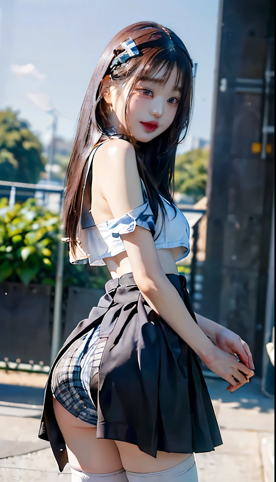 woman, 20-year-old, short black wavy hair、bangs、Cat ear、plump nipples、(White Bikini)、(blue long skirt), black stocking dium milk, cute smile、((Pose that emphasizes the buttocks、looked back))、sexy hips、black high heels、big necklace、((((the wind blew my skirt, expose my panties...))))、(Light blue lace panties)、cute earrings、(tilt your head a little)