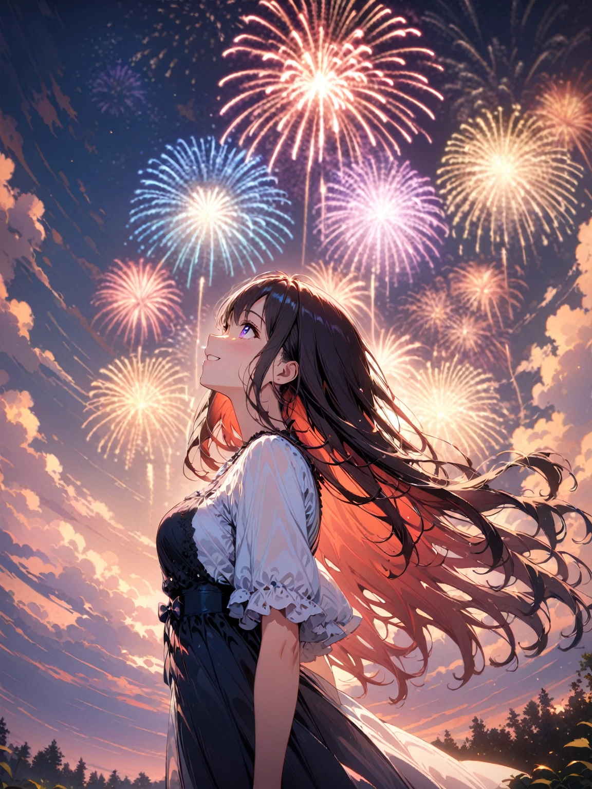 (masterpiece, best quality, very aesthetic, absurdres), 1girl, perfect body, anatomically correct, 

profile of a beautiful anime-style girl smiling and looking up at the sky, standing at the bottom third of the frame. She has long, flowing hair. The background features a night sky filled with vibrant, colorful fireworks lighting up the sky. The fireworks display is detailed, with bursts of red, blue, yellow, and purple lights, creating a magical atmosphere. The girl's expression is full of wonder and joy as she watches the fireworks, reflecting the light in her eyes. The girl appears smaller in the frame, emphasizing the scale of the sky and fireworks, creating a sense of vastness and wonder. 

(Cinematic lighting), (wide-angle composition, long shot), 

(8k, RAW photo), (extremely detailed wallpaper),