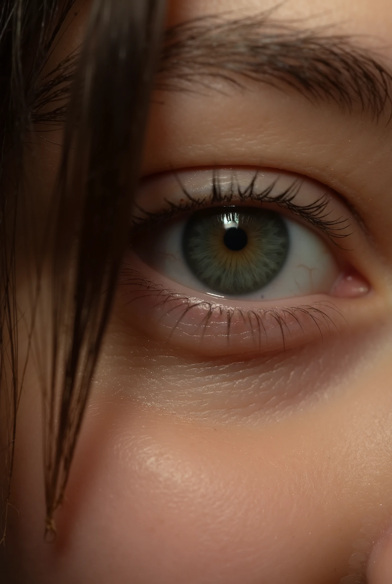 Mascara only, pupils sparkling, expressive hair, makeup, light smile, heart in eye, close-up, macro photo, f/1.2, 35mm, Fujifilm, chiaroscuro, blurry, reflection light, god rays, Realism, 4K, highres, high quality, high details, 8k, textured skin, anatomically correct, masterpiece