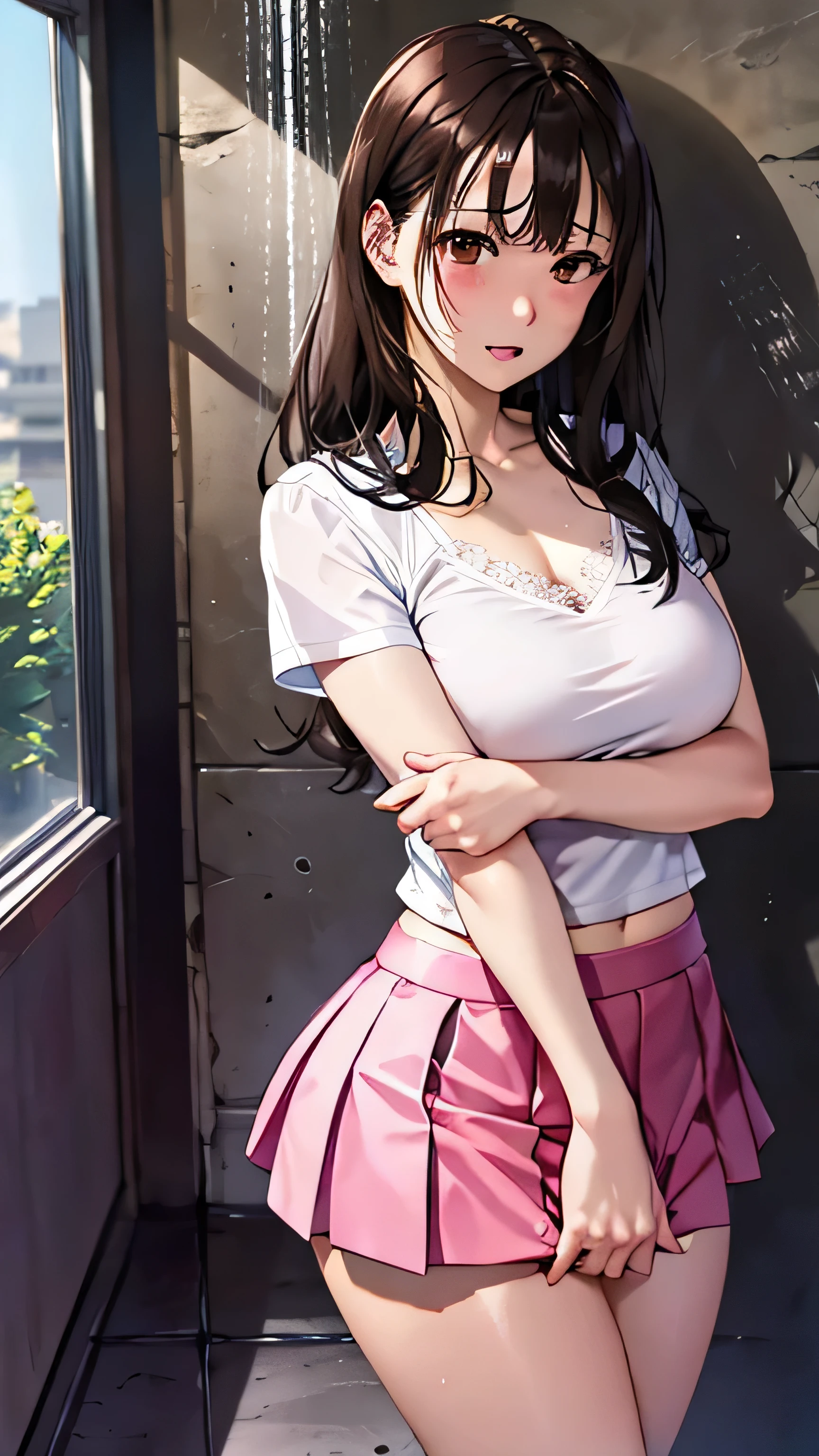 ((masutepiece, Best Quality, hight resolution, nffsw, Perfect Pixel, 4K, nffsw, nffsw))), 1girl in, Single, Solo, Beautie、full body seen、 ((Middle Wave Hair, Bangs, Brown hair)), ((Brown-eyed, Beautiful eyelashes, Realistic eyes)), ((Detailed face, Blushing:1.2)), ((Smooth texture:0.75, Realistic texture:0.65, Photorealistic:1.1, Anime CG style)), medium breasts, Dynamic Angle, Perfect body, Tennis Wear, Shirts with short sleeve collar、pleatedskirt、(no-bra、See-through nipples)、、, tennis coat、sitting down on the floor、Pink lace panties、during daytime、sexy  pose、Very embarrassing panic smile、、
