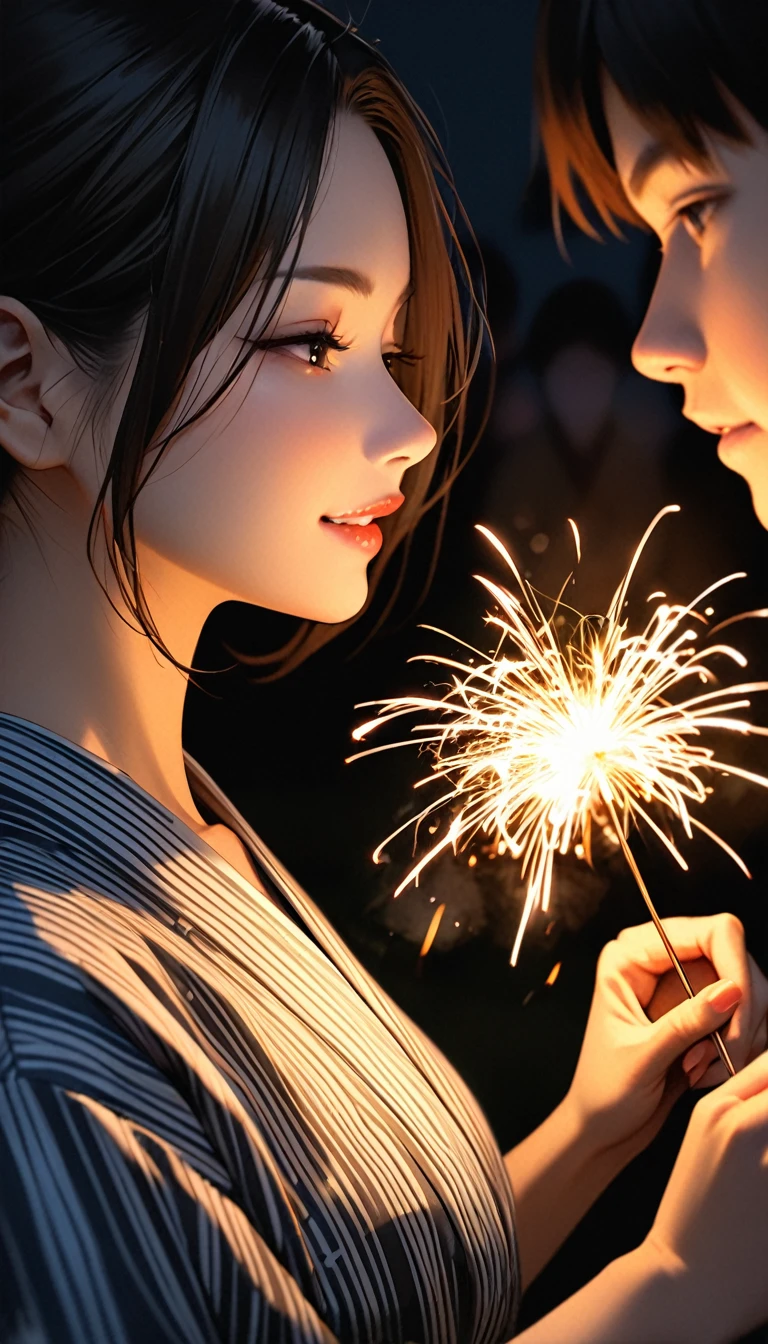 A close-up of a woman in a yukata, High angle, Pick up a sparkler with one hand, Sparks point downwards, Glancing happily at the sparklers at his feet, The background is slightly blurred to keep attention on the woman and the sparkler. Colors are muted and somber to match the emotional tone, She stares at the sparklers, (masterpiece:1.2, Best Quality), (Realistic photos, Intricate details), (1 Female, solo, Upper Body, big ), Clothes: Showa retro yukata, Unconventional fashion choices, Behavior: Rebellious, Non-conformist, Experiment with the values of different subcultures: personality, Authenticity, A symbol of counter culture, Personality traits:, Bold, Unconventional., Hold the sparkler