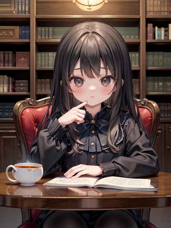 masterpiece, Best Quality, Very detailed, 16k, Ultra-high resolution, Cowboy Shot, Detailed face, Perfect fingers, a , Black Eyes, Black Hair, Wavy Hair, Gorgeous Western-style building, Bookshelf, Table seating, chair, Tea Set, chairに座って本を読む