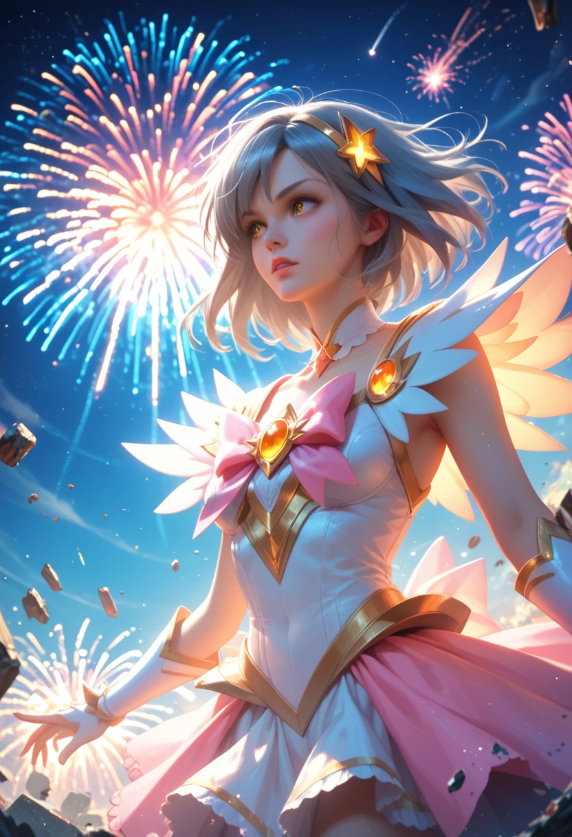 Portrait, Long Hair, Gray Hair, Golden Eyes, One girl, head, face, Magical Girl, Absurd, masterpiece, Best Quality, Magical Girl costume, ((maho shojo)), short hair, Devastation, Ruin, Dynamic pose, The End, spell, Style-Glass, Full Frame,Low angle,Fireworks are being set off,Shooting Star