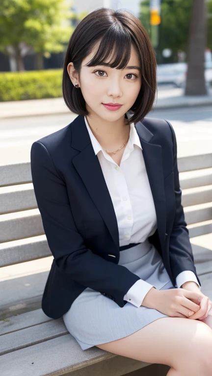 Beautiful Girl, (Pleated skirt lifting), ((Show panties)), looking in camera, Angle from below, Shy smile, a blond, ((of the highest quality, 16 K, masutepiece: 1.3)), Light on Face, hyperdetailed face, very detailed lips, Detailed eyes、Colossal tits、爆乳、Wearing a suit、Formalco Steume、At work、s Office、working in an office、A dark-haired、short-hair、Short black hair