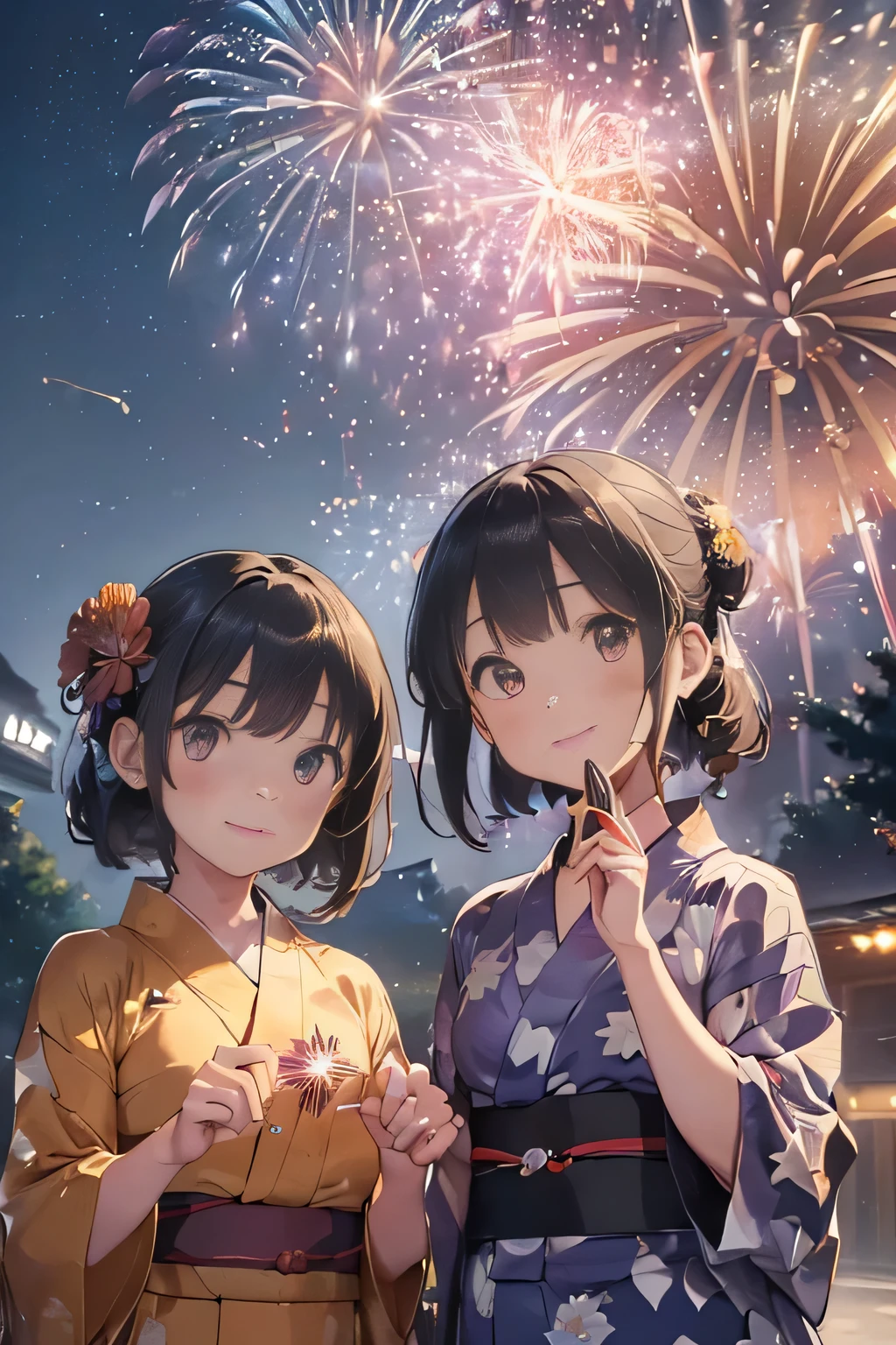 Highest quality、High resolution、Detailed Background、(Beautiful face in every detail:1.4)、Anatomically correct、(Detailed facial expressions)、Teenage beauty、(Highly detailed face:1.2)、well-groomed eyebrows、cute eye makeup、Cute Lip Makeup、A big smile、smile、cute gesture、Lake Biwa、Fireworks display、A fun atmosphere、
(Three beautiful girls taking a selfie with fireworks in the background:1.5)、
We recommend the classic vertical striped yukata。Refreshing impression、Choosing a bright color for your obi will enhance the atmosphere.、Red or blue、Yellow is popular、
The lightweight design of these sandals makes them easy to walk in and makes your feet look neat.、It's also a good idea to pay attention to the use of accessories such as drawstring bags.、
The festive braided arrangement is adorable.、It's also nice to express your individuality with gorgeous decorations.、
We recommend hairstyles that are easy to move around in, such as loose buns or half-up styles.、
Lake Biwa Fireworks display、Fireworks will be launched over the surface of Lake Biwa.、The view of the fireworks reflected on the lake surface is spectacular and makes this a popular viewing spot.、cute