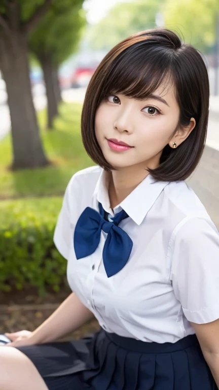 女の子1人、Blushing cheeks、shyly smile、optic、large full breasts、White open shirt sticking to the chest、Tartan checked skirt、Girl in Japan school uniform、florals、hair pin、a necklace、piercings、Leaning forward、from below looking up、depth of fields、pointed red mouth、Glossy reddish-brown shorthair、Black eyes、鎖骨、Beautiful fingers、Hourglass body、portrait of a full body、Loosen your tie、No tie、Cardigan hooked on the shoulder、