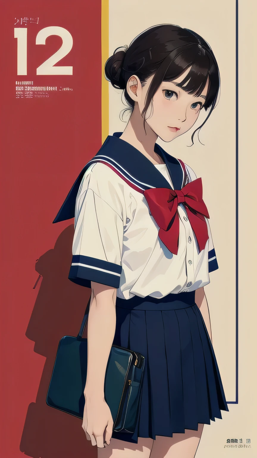 A beautiful girl with red eyes wearing a navy blue sailor uniform standing by the window in the classroom