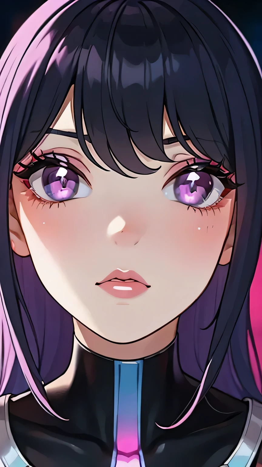 80’s glam rock makeup on shiny android face, anime, 2.5D, Glittery face, moody lighting, (purples, pinks, and blues), iridescent face, abstract ai model, pretty, sexy, minimal, sleek, slender, asian, elegant, chic, futuristic, retro, sophisticated half human half machine, close up face portrait,